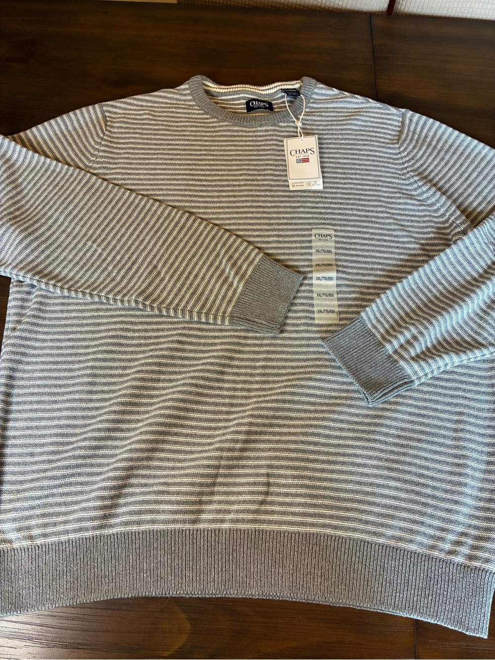 Chaps Men’s Gray and White Striped Crewneck Sweater